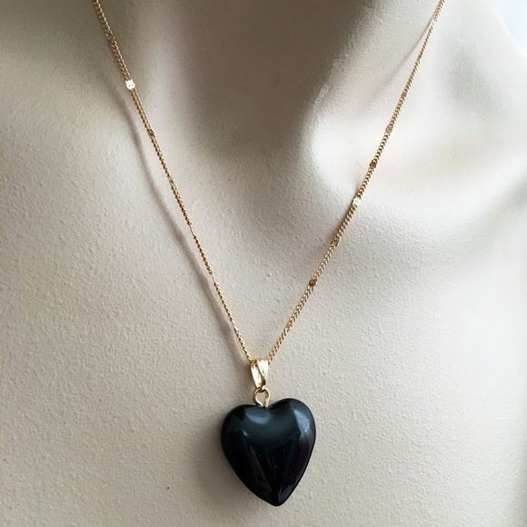HAND Crafted Necklace Black Hearted Heart of Glass Gold Plated Chain - Picture 2 of 7